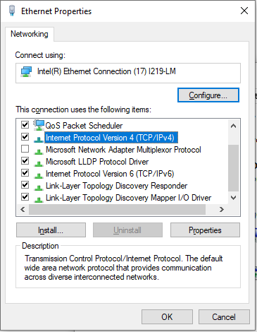 Ethernet Properties box with "Internet Protocol Version 4 (TCP/IPv4)" option highlighted