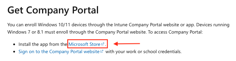 Screenshot of the section "Get Company Portal" with a red arrow pointing to a red box around the link "Microsoft Store"