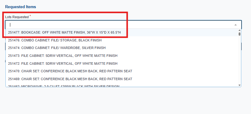 Requested Items section with red rectangle outlining the field for the requested lot number.