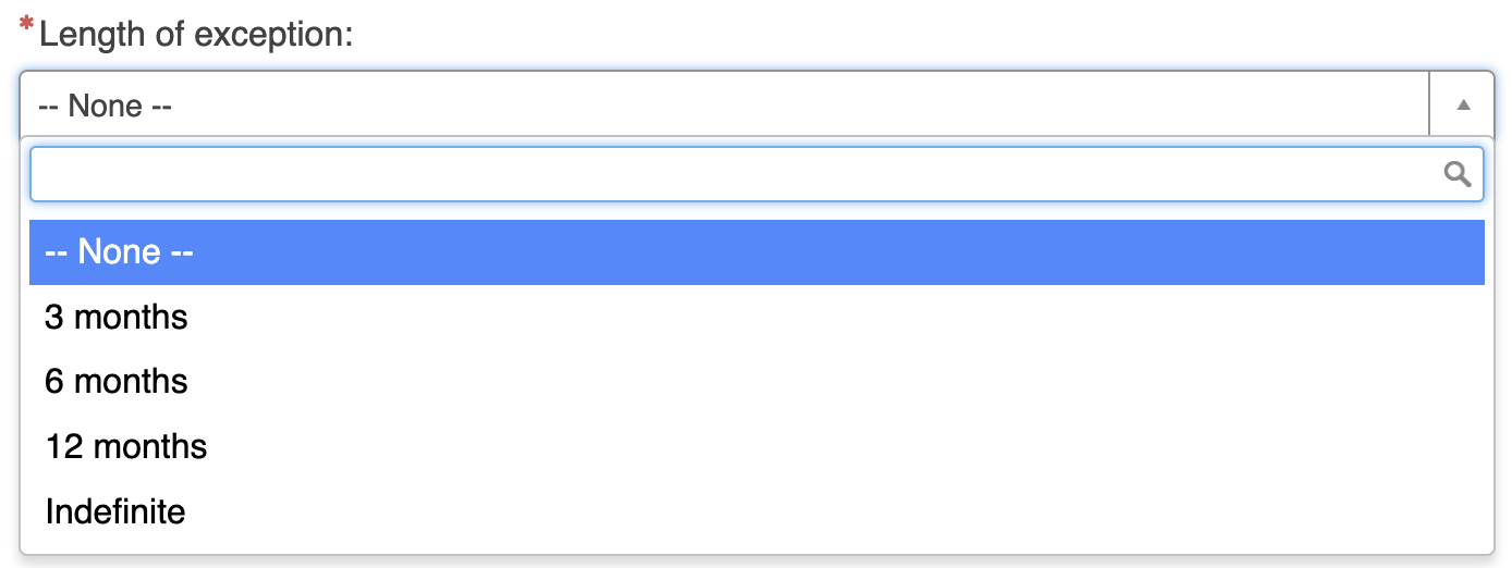 Screenshot of length of exception question with dropdown menu options visible