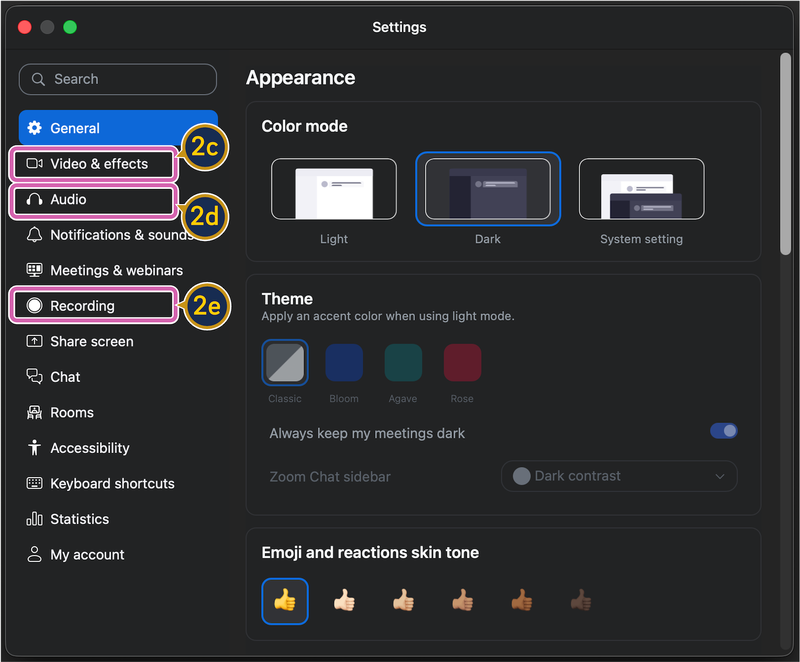 A screenshot of Zoom application settings, with the following left navigation items circled: "Video & effects," "Audio," and "Recording."