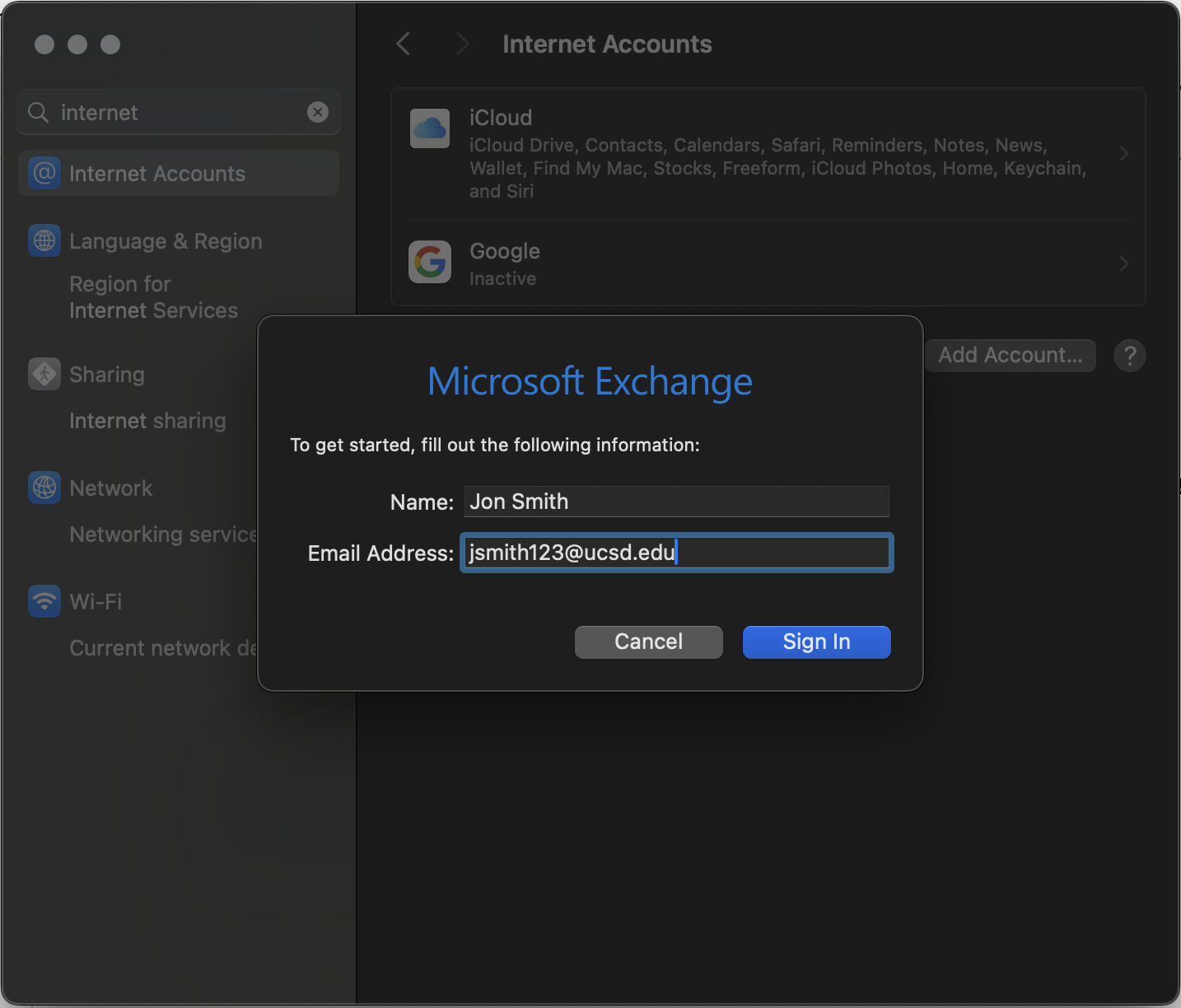 Microsoft Exchange sign in window 