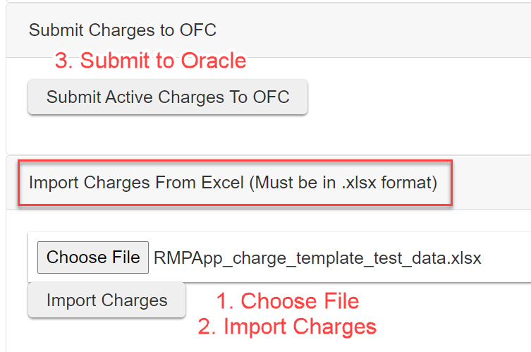 Recharge Plus screen used to import and submit charges to OFC