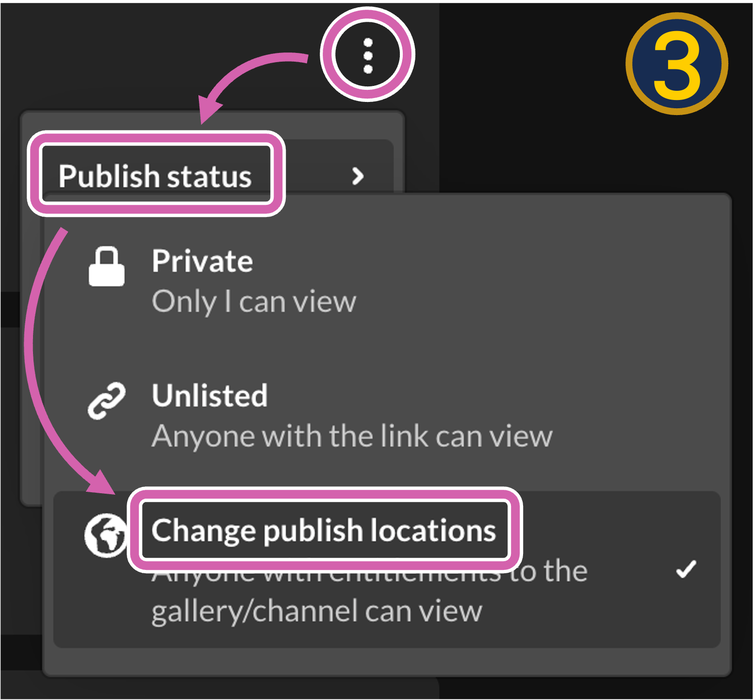 A screenshot of the steps described in number three: the kebab (circled), "publish status" (circled), and "change publish locations" (circled).