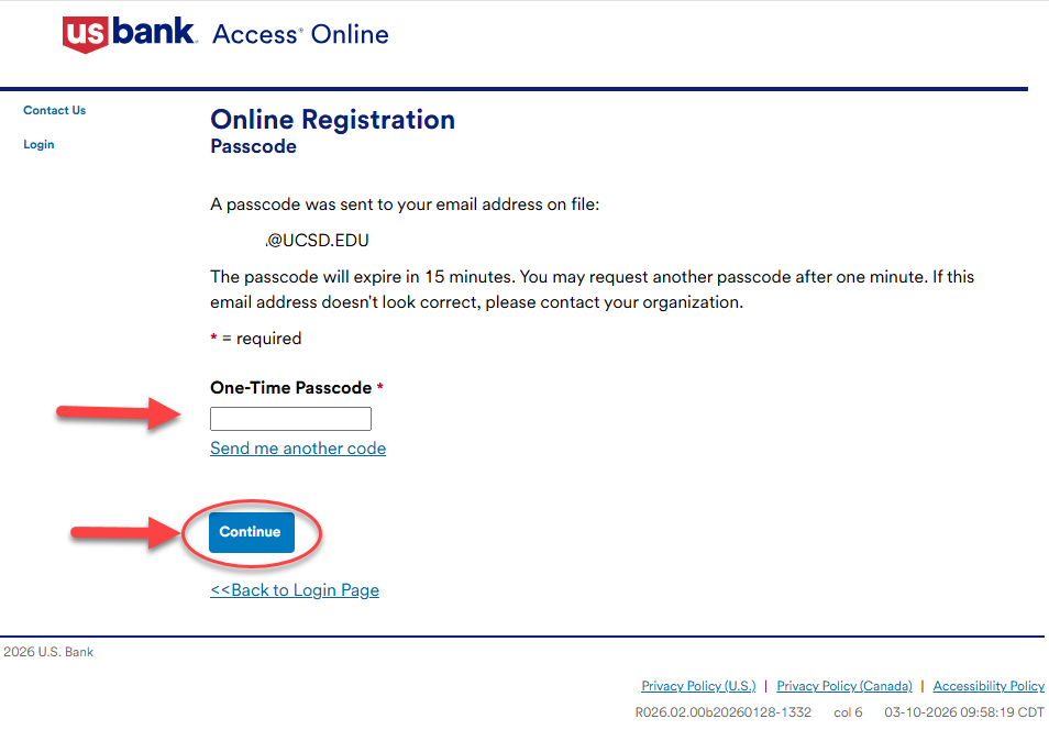 screenshot of one-time passcode page of Online Registration