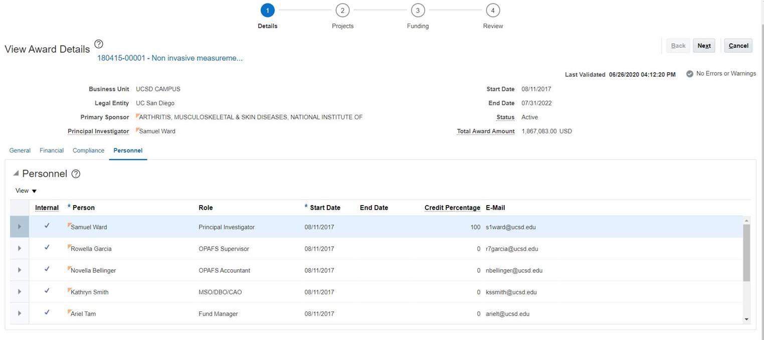 A screenshot of the Oracle Financials Cloud (OFC) PPM screen that lists the available Project Personnel Roles (Project Manager, Principal Investigator, Team Member, etc.) in a table format. Each row shows the role name, a brief description of responsibilities, and the level (Award, Project, or Task) to which the role should be assigned.