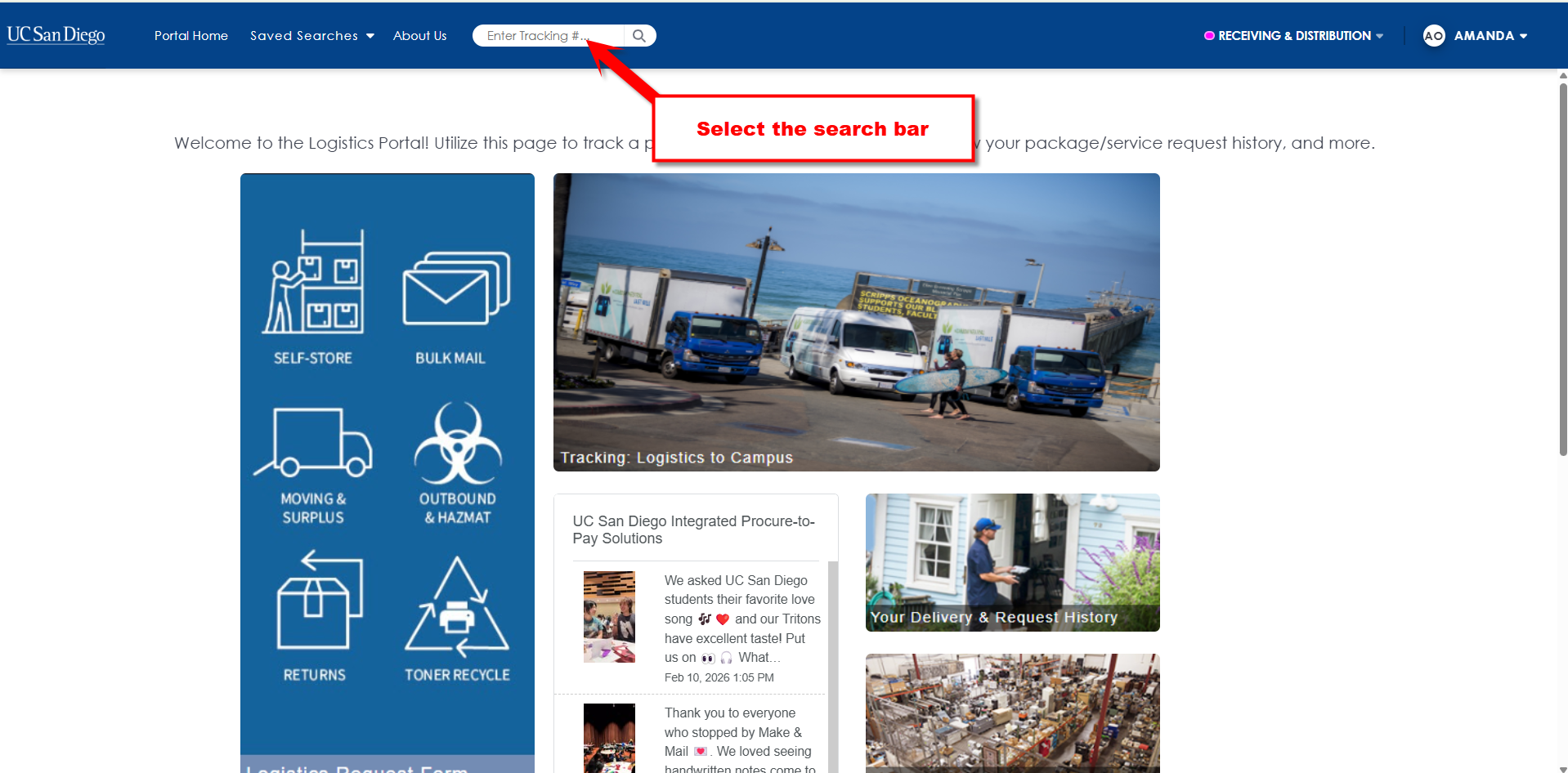 Logistics home page Logistics home page, selecting the search bar