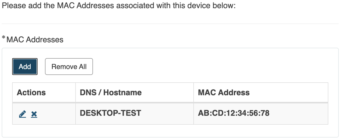 Screenshot of an example entry under the question asking for all associated MAC Addresses