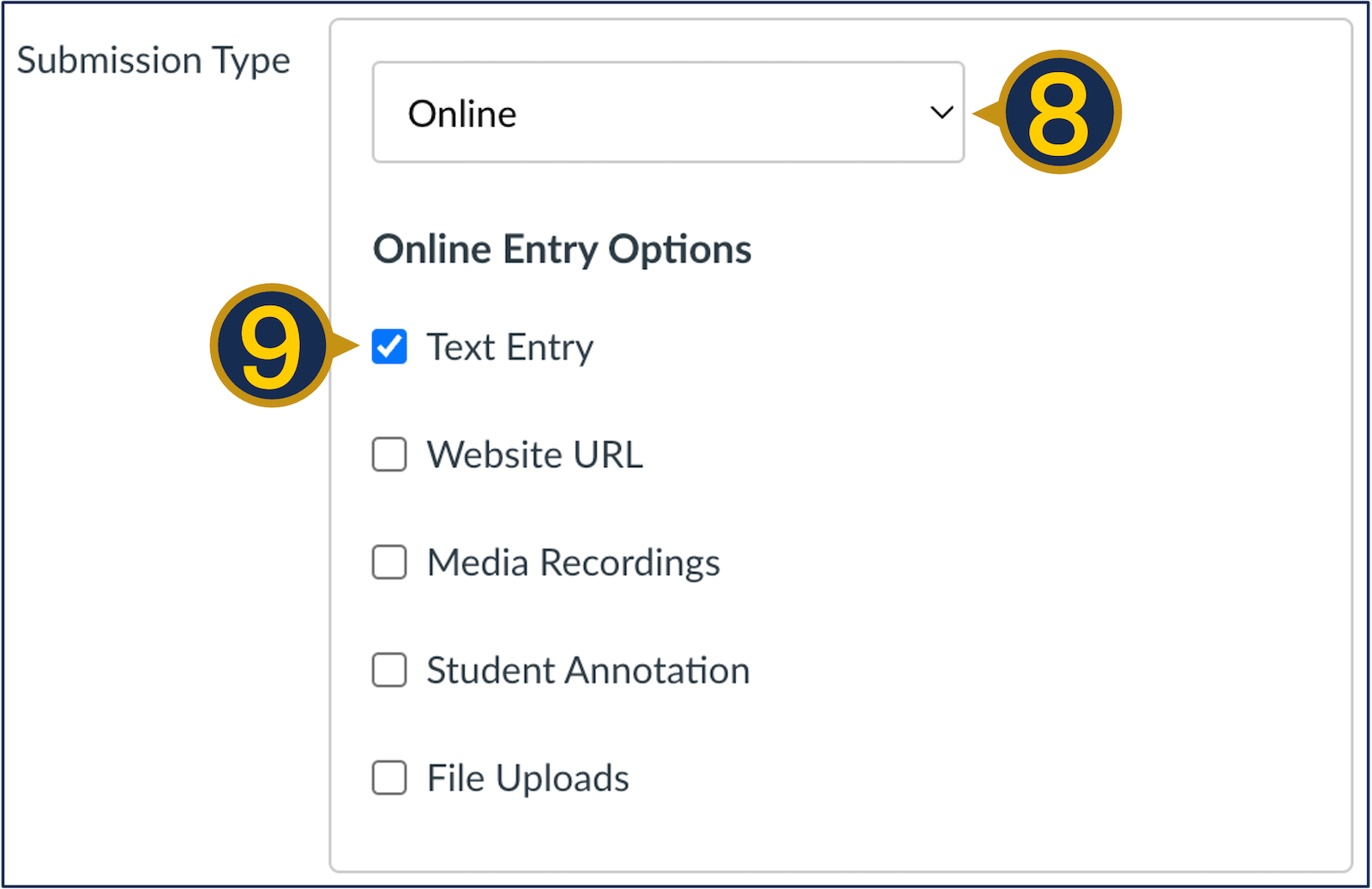 An annotated screenshot of the "submission type" section of the assignment editor page in Canvas.