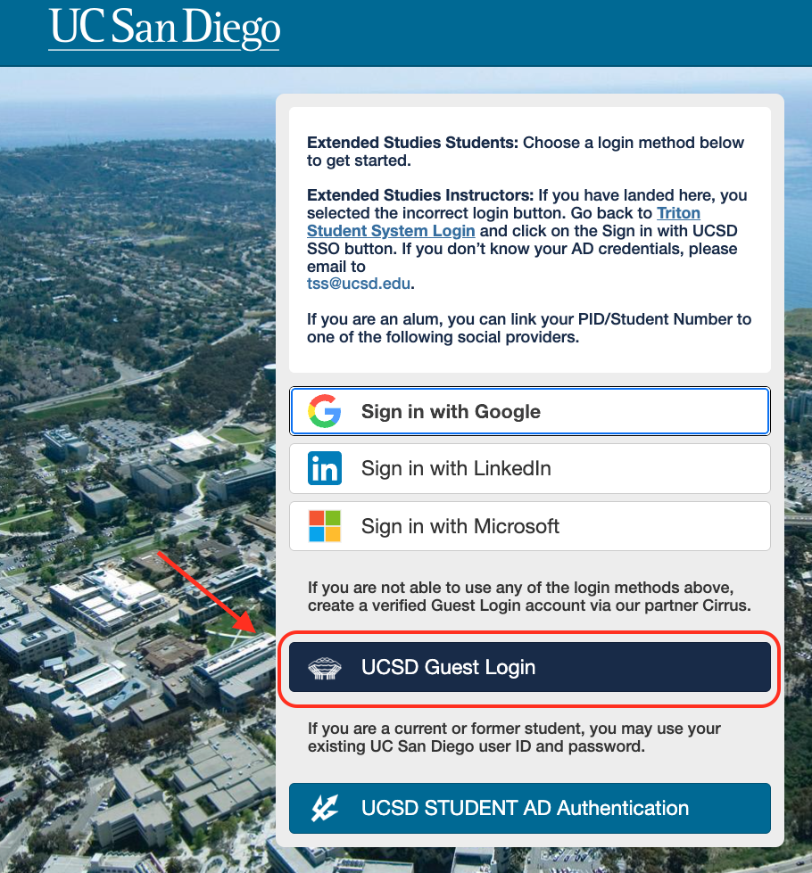 Extension TSS Log in options with an arrow pointing at the Guest Log In option