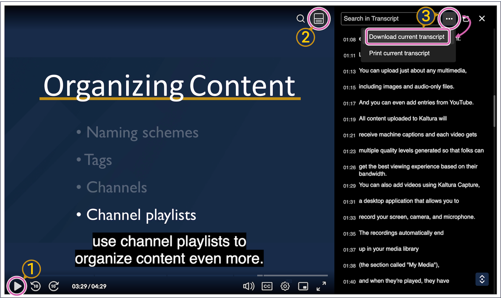 A screenshot of the Kaltura player with the transcript widget visible. The play button, the transcript icon, the kebab, and the menu item under the kebab "Download current transcript" are all circled.