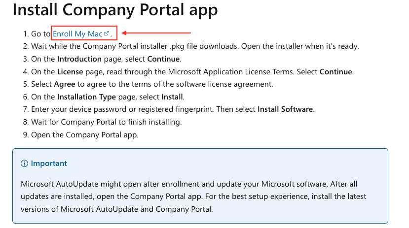 Enroll My Mac Screenshot of the section "Install Company Portal App" with the link "Enroll My Mac" annotated in red.