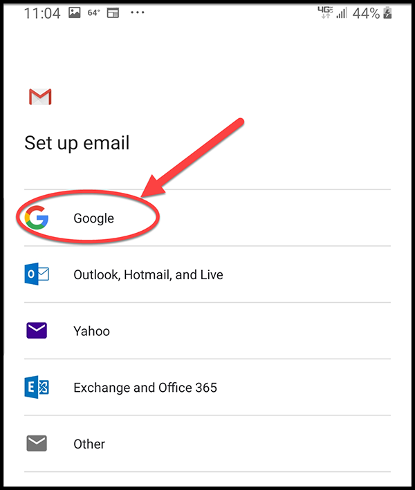 Android screen shot - Set up email, choose Google