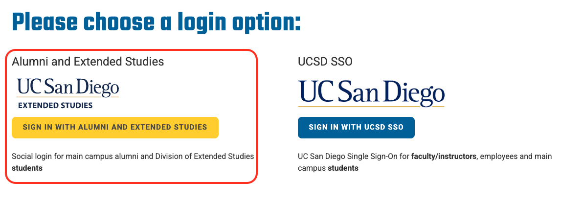 TSS Log in page with option for Extended studies and UCSD SSO for main campus