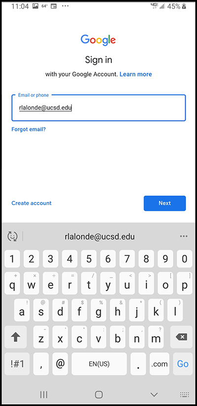 Android screen shot - type in your UCSD email address
